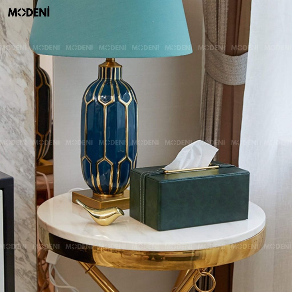 Hộp khăn giấy Corel Da Xanh Rêu Viền Vàng giả da cao cấp sang trọng cho văn phòng và phòng ngủ