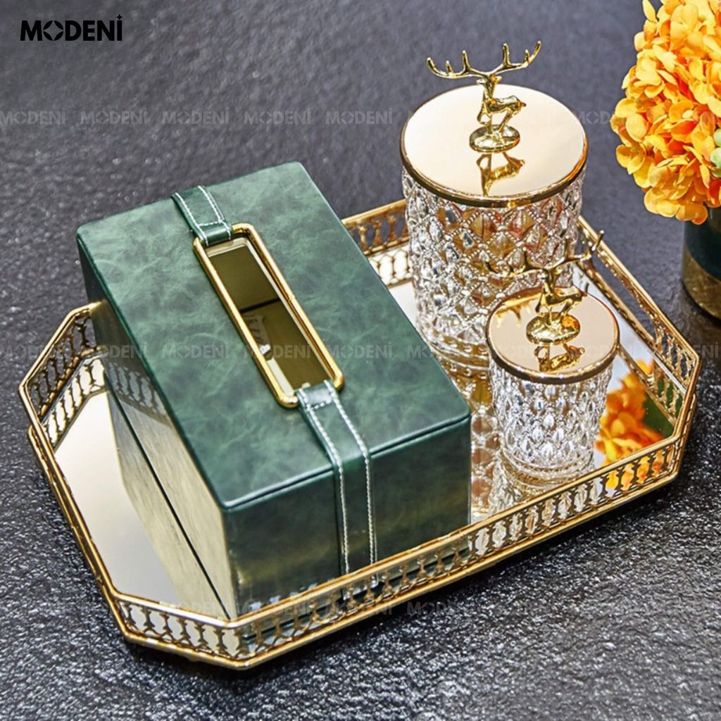 Hộp khăn giấy Corel Da Xanh Rêu Viền Vàng giả da cao cấp sang trọng cho văn phòng và phòng ngủ