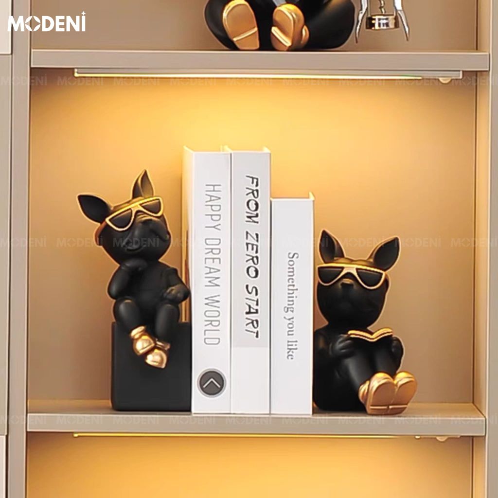 Chặn Sách & Tượng Chó Bulldog Duo Đen – Tượng Decor Con Vật Hiện Đại – Phối Màu Cá Tính, Kích Thước Mini Gọn Gàng Cho Kệ Tủ & Tủ Sách