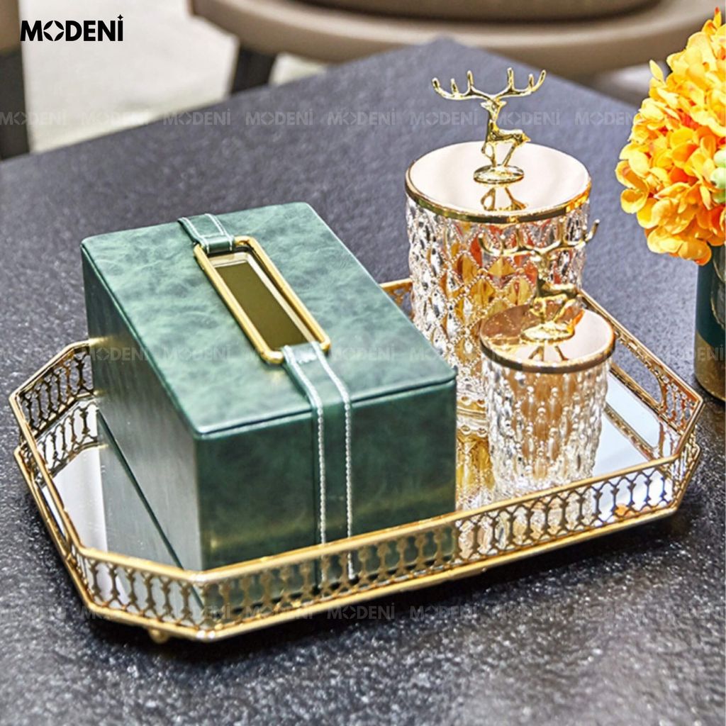 Hộp khăn giấy Corel Da Xanh Rêu Viền Vàng giả da cao cấp sang trọng cho văn phòng và phòng ngủ