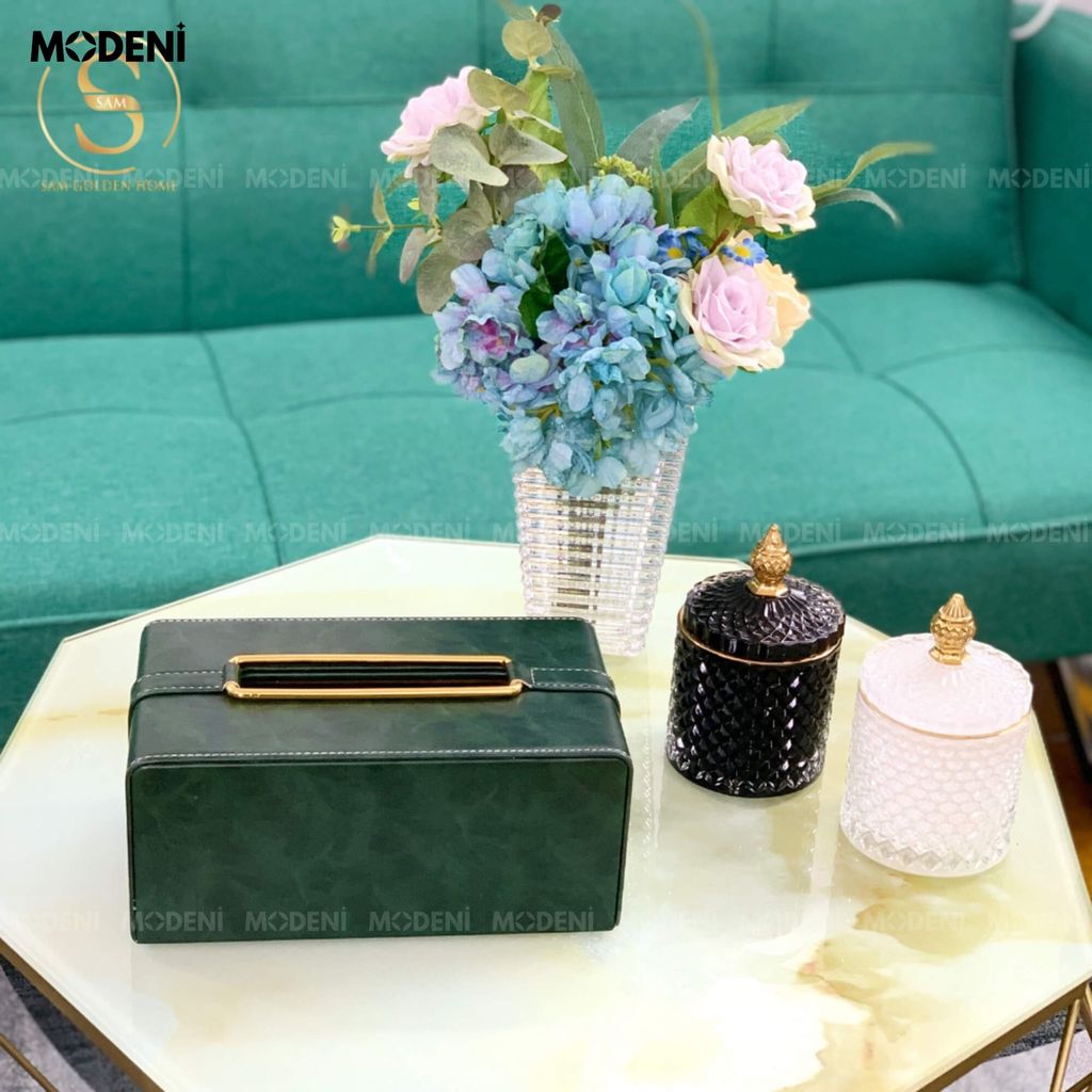Hộp khăn giấy Corel Da Xanh Rêu Viền Vàng giả da cao cấp sang trọng cho văn phòng và phòng ngủ