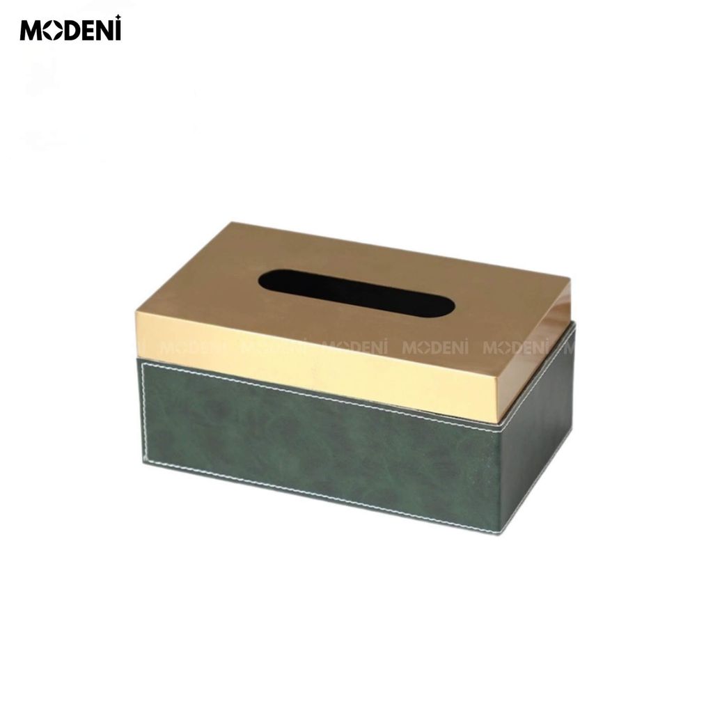 Hộp Khăn Giấy Linny Cao Cấp – Nắp Kim Loại Ánh Vàng, Thân Da Vân Marble Xanh Tối Giản Sang Trọng