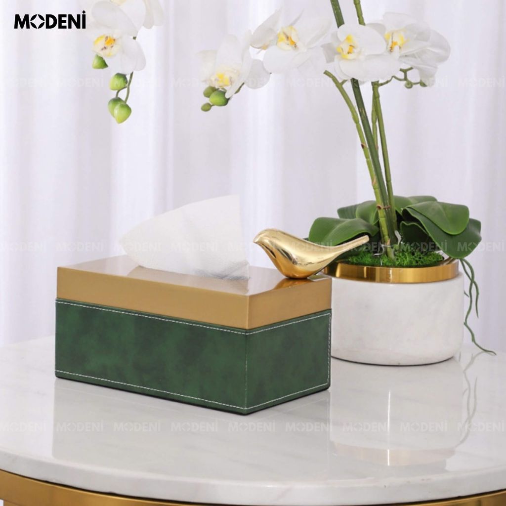 Hộp Khăn Giấy Linny Cao Cấp – Nắp Kim Loại Ánh Vàng, Thân Da Vân Marble Xanh Tối Giản Sang Trọng