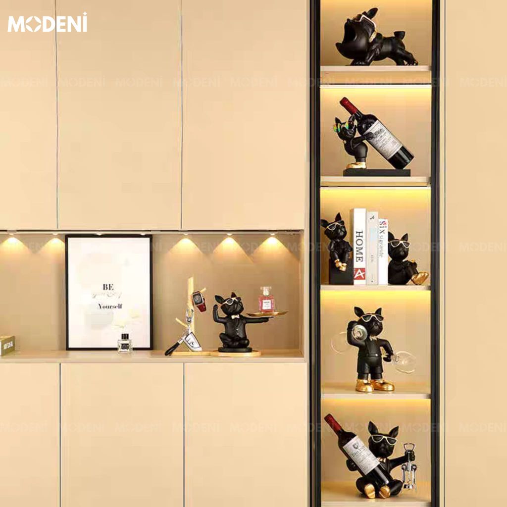 Chặn Sách & Tượng Chó Bulldog Duo Đen – Tượng Decor Con Vật Hiện Đại – Phối Màu Cá Tính, Kích Thước Mini Gọn Gàng Cho Kệ Tủ & Tủ Sách