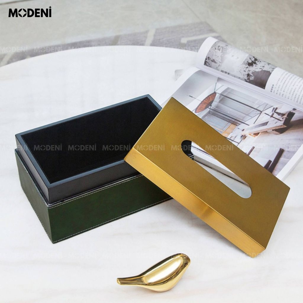 Hộp Khăn Giấy Linny Cao Cấp – Nắp Kim Loại Ánh Vàng, Thân Da Vân Marble Xanh Tối Giản Sang Trọng