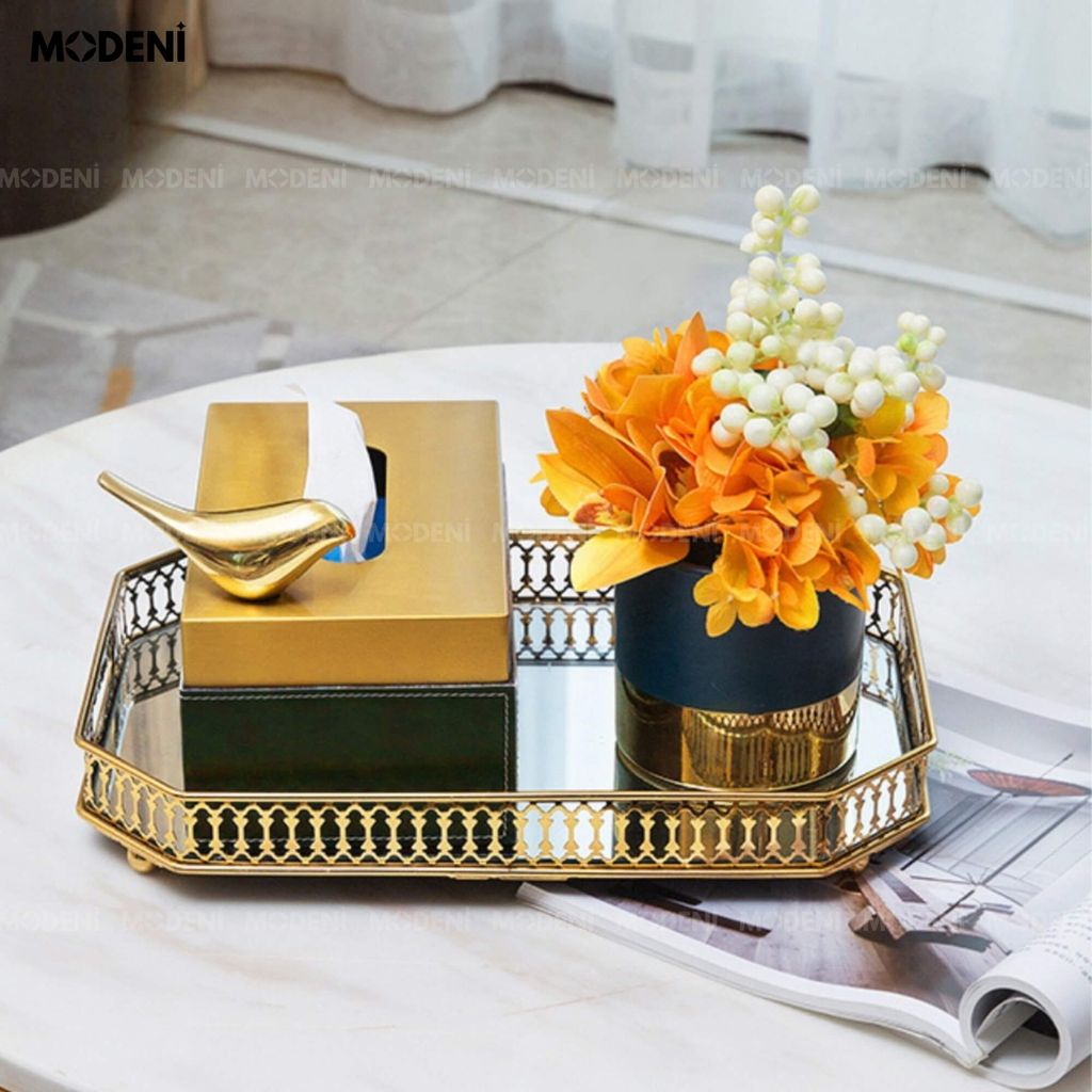 Hộp Khăn Giấy Linny Cao Cấp – Nắp Kim Loại Ánh Vàng, Thân Da Vân Marble Xanh Tối Giản Sang Trọng