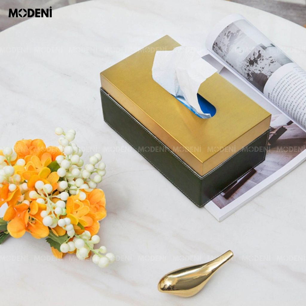 Hộp Khăn Giấy Linny Cao Cấp – Nắp Kim Loại Ánh Vàng, Thân Da Vân Marble Xanh Tối Giản Sang Trọng