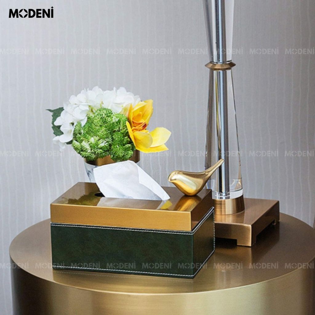 Hộp Khăn Giấy Linny Cao Cấp – Nắp Kim Loại Ánh Vàng, Thân Da Vân Marble Xanh Tối Giản Sang Trọng