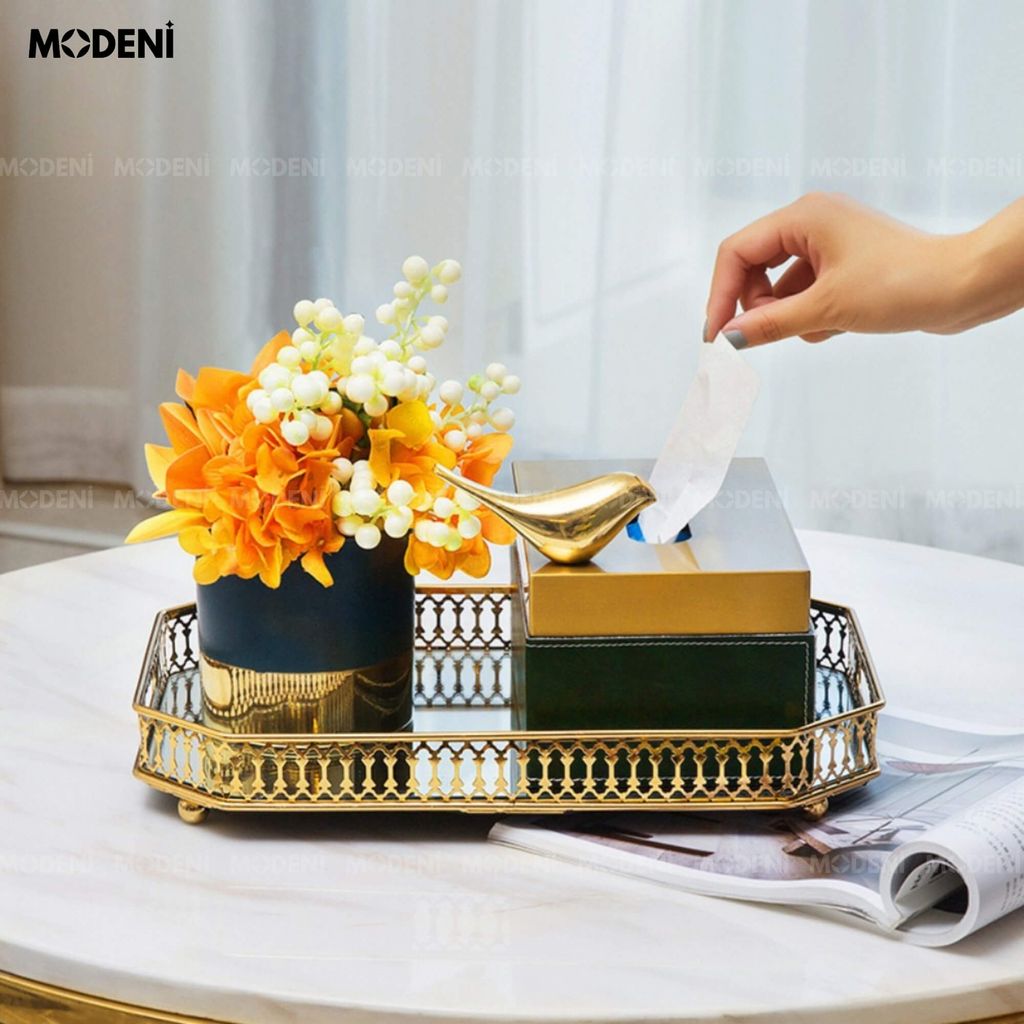 Hộp Khăn Giấy Linny Cao Cấp – Nắp Kim Loại Ánh Vàng, Thân Da Vân Marble Xanh Tối Giản Sang Trọng