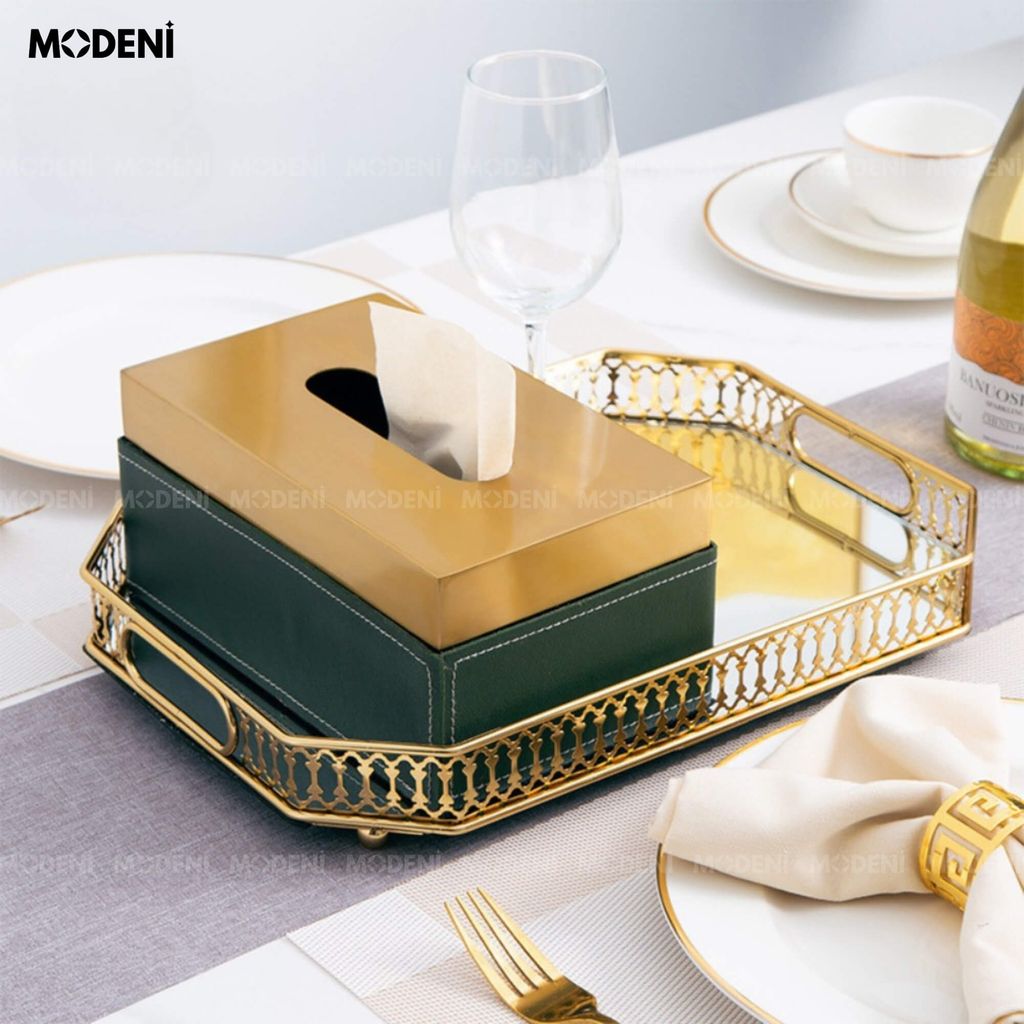 Hộp Khăn Giấy Linny Cao Cấp – Nắp Kim Loại Ánh Vàng, Thân Da Vân Marble Xanh Tối Giản Sang Trọng