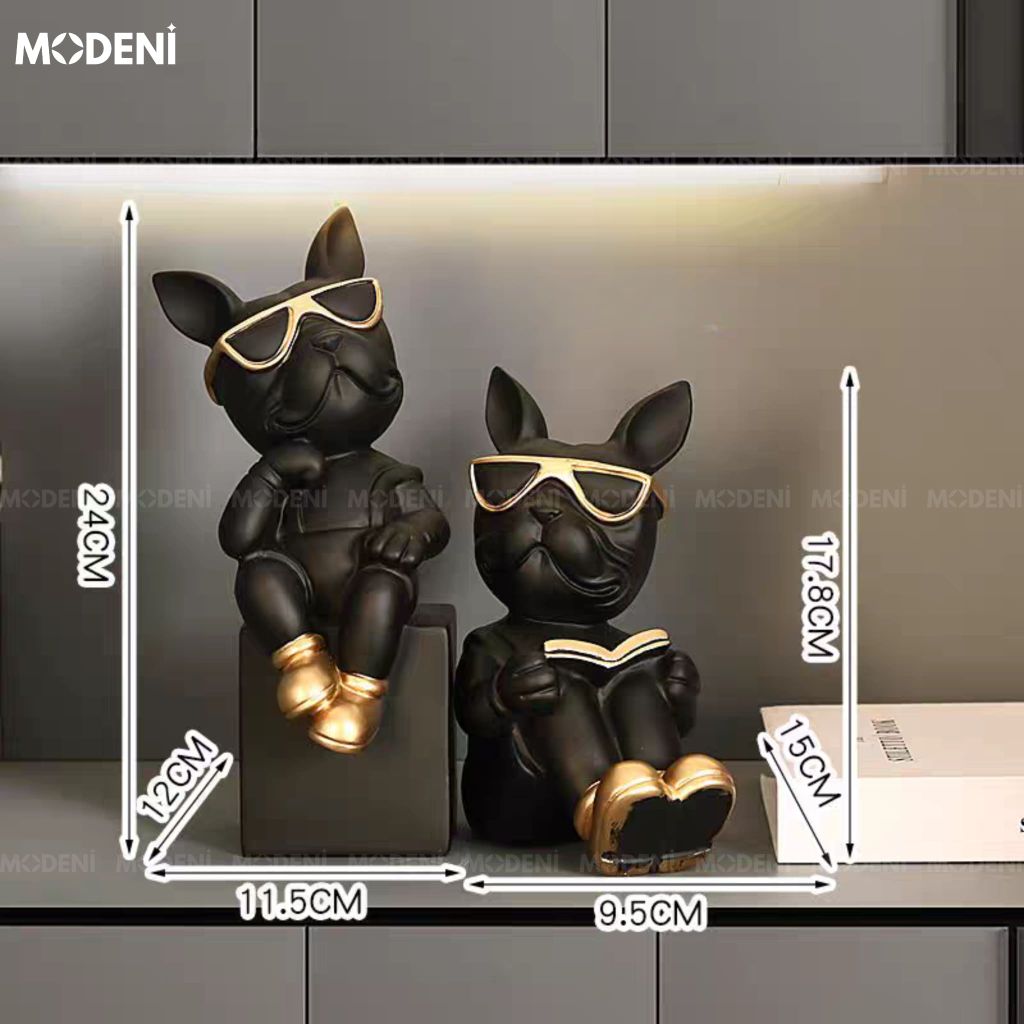 Chặn Sách & Tượng Chó Bulldog Duo Đen – Tượng Decor Con Vật Hiện Đại – Phối Màu Cá Tính, Kích Thước Mini Gọn Gàng Cho Kệ Tủ & Tủ Sách