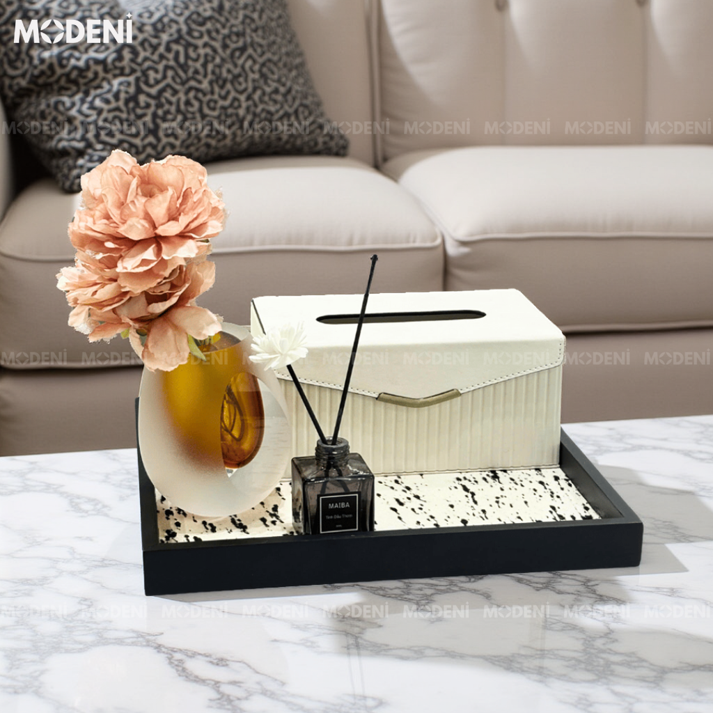 Khay Bliss Gỗ – Decor Tối Giản Hiện Đại – Mặt Tơ Ngựa Vân Loang Nghệ Thuật, Nhỏ Gọn Tiện Dụng Cho Bàn Sofa, Phòng Khách