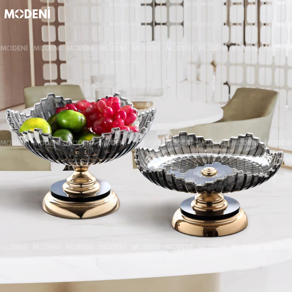 Tô Trái Cây Xám Đế Gold Astra – Tô Thủy Tinh Decor Sang Trọng – Kích Thước 29x20cm – Phù Hợp Bàn Tiệc, Bàn Sofa