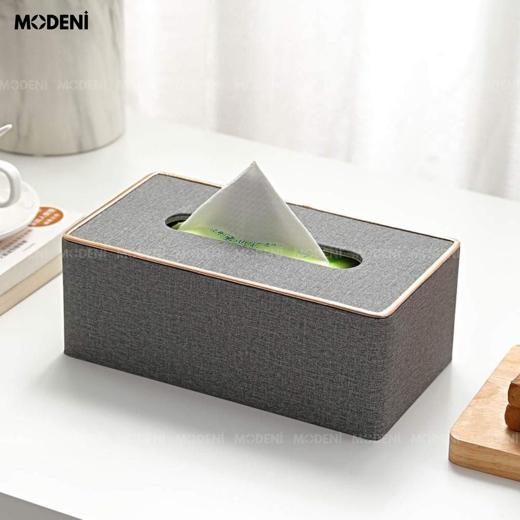 Hộp Khăn Giấy Modeni Xám Tro Vải Lanh Cao Cấp Phối Viền Vàng Hồng Tinh Tế Cho Phòng Ngủ Và Văn Phòng