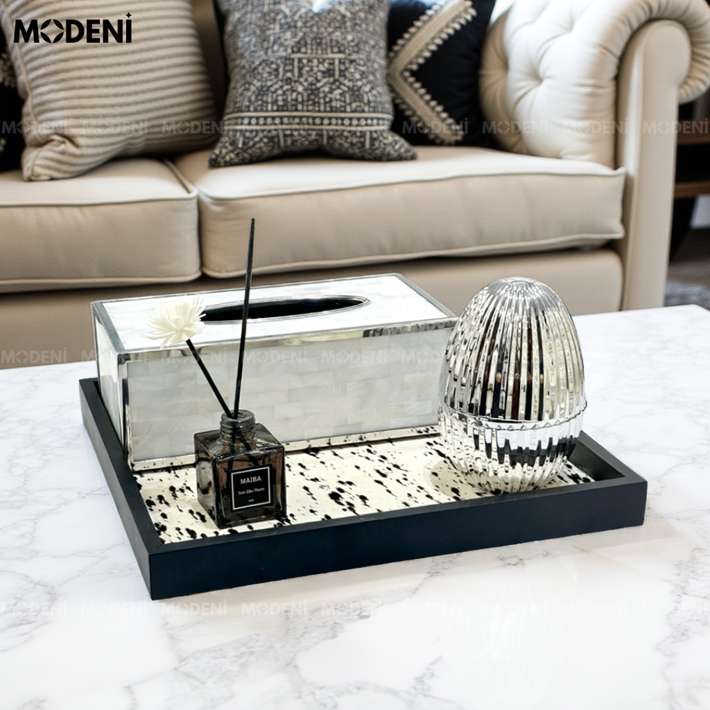 Khay Bliss Gỗ – Decor Tối Giản Hiện Đại – Mặt Tơ Ngựa Vân Loang Nghệ Thuật, Nhỏ Gọn Tiện Dụng Cho Bàn Sofa, Phòng Khách