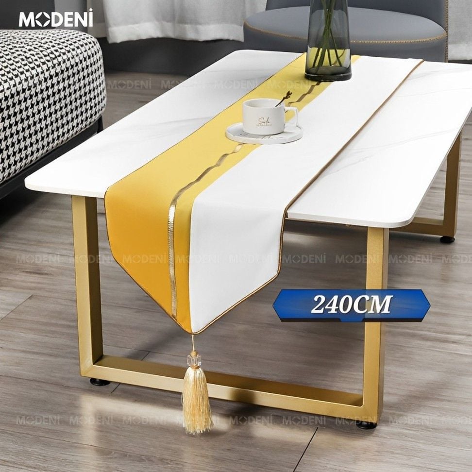 Khăn Bàn Table Runner Yellow Renai Cao Cấp – Thiết Kế Trắng Xám Ánh Vàng Thanh Lịch – Dành Cho Bàn Sofa, Bàn Tiệc Dài 1m8 – 2m4