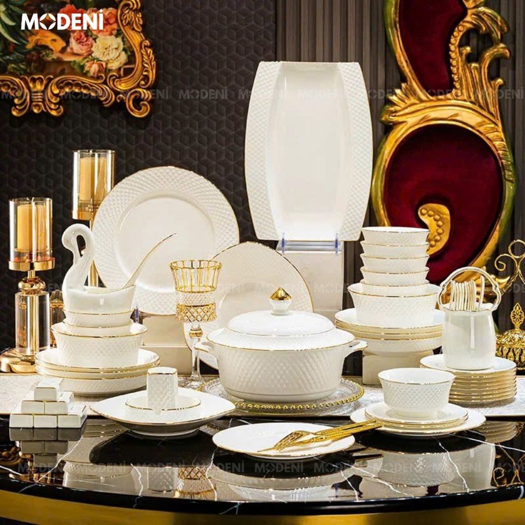 Bộ Tô Chén Đĩa Gốm Sứ Cao Cấp Clara Viền Vàng Sang Trọng