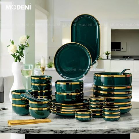  Bộ Tô Chén Đĩa Hàn Quốc Sứ Cao Cấp Emerald Viền Vàng Gold Xanh Lục Bảo Xanh Cổ Vịt Sang Trọng Hàng Có Sẵn 