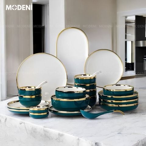  Bộ Tô Chén Đĩa Hàn Quốc Sứ Đẹp Cao Cấp Pearl Emerald Xanh Lục Bảo Lòng Trắng Viền Gold Xanh Cổ Vịt Sang Trọng 