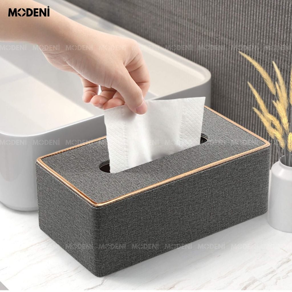 Hộp Khăn Giấy Modeni Xám Tro Vải Lanh Cao Cấp Phối Viền Vàng Hồng Tinh Tế Cho Phòng Ngủ Và Văn Phòng