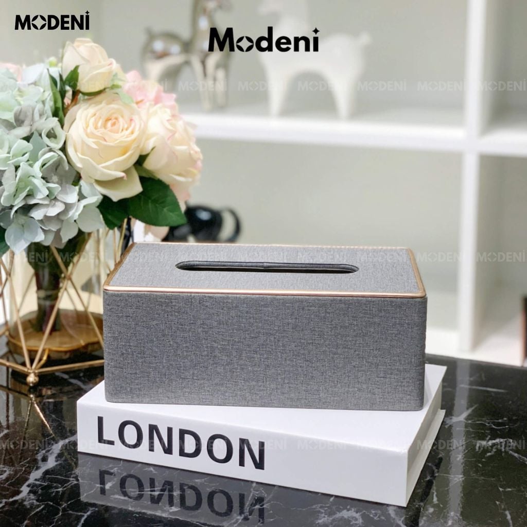 Hộp Khăn Giấy Modeni Xám Tro Vải Lanh Cao Cấp Phối Viền Vàng Hồng Tinh Tế Cho Phòng Ngủ Và Văn Phòng