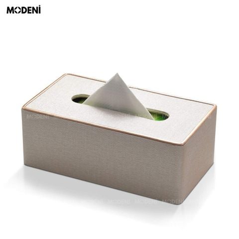 Hộp khăn giấy Modeni Be Nhạt vải lanh cao cấp tone kem trung tính đặt trên bàn làm việc thanh lịch.