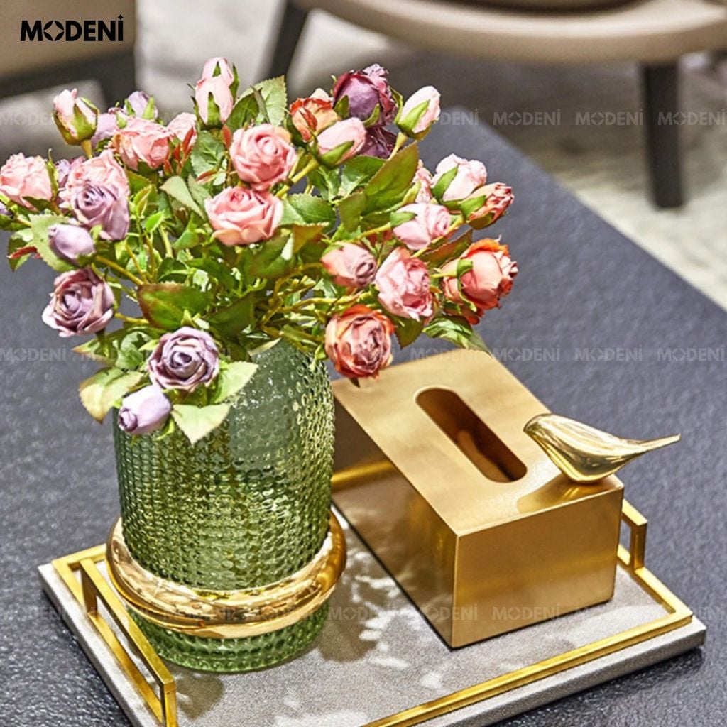 Hộp khăn giấy Coco kim loại mạ vàng nhám cao cấp phối tượng chim hợp kim Modern Luxury cho phòng khách và bàn ăn