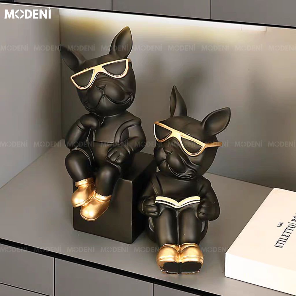Chặn Sách & Tượng Chó Bulldog Duo Đen – Tượng Decor Con Vật Hiện Đại – Phối Màu Cá Tính, Kích Thước Mini Gọn Gàng Cho Kệ Tủ & Tủ Sách