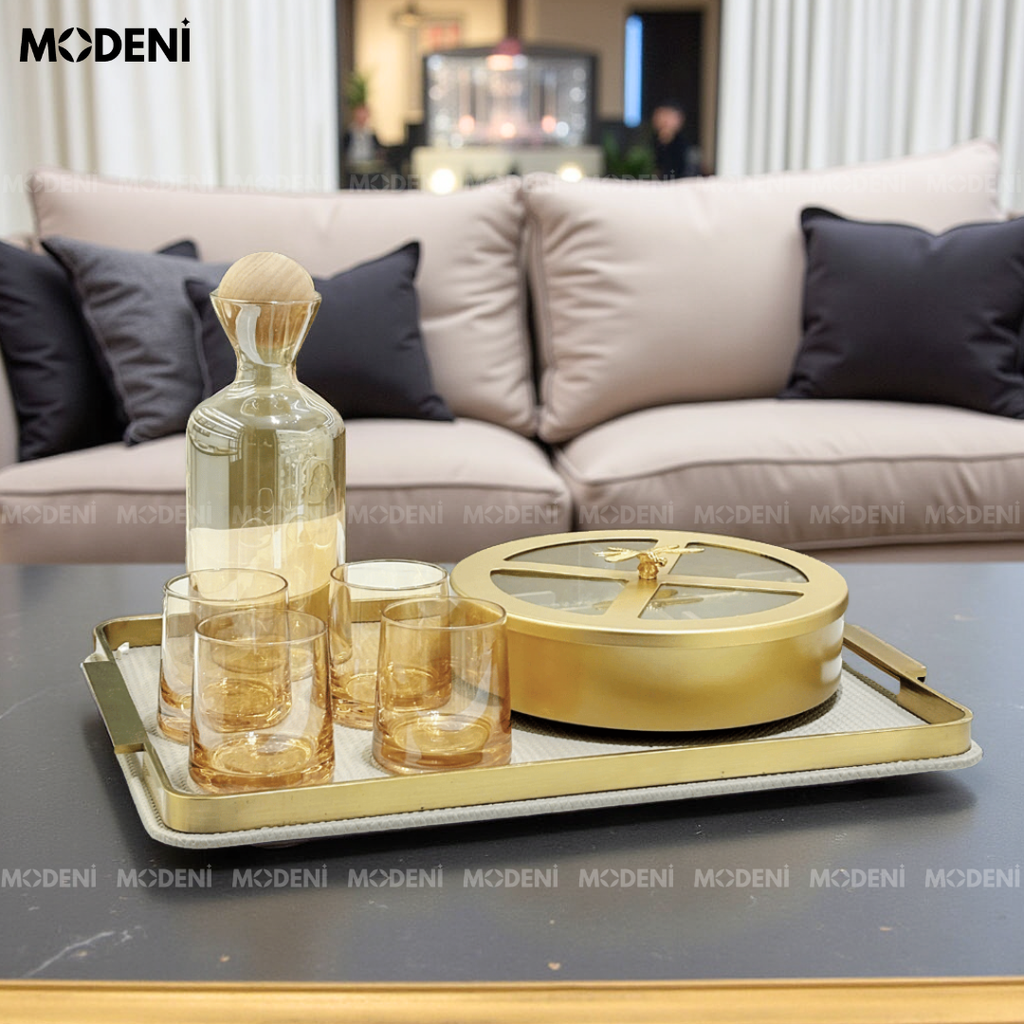 Khay Chữ Nhật Elme Xám – Khay Decor Sang Trọng Cao Cấp – Tay Cầm Mạ Vàng, Bề Mặt Vải Dệt Xám Lịch Lãm – Phù Hợp Trang Trí Bàn Sofa, Bàn Ăn, Bếp, Phòng Khách Hiện Đại