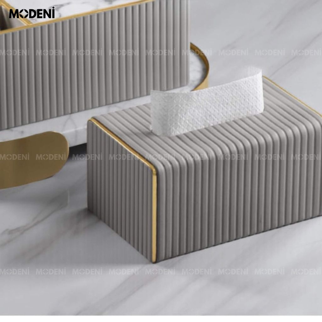 Hộp Khăn Sofie Nordic Grey – Nhựa Vân Sọc, Nắp Trượt Viền Mạ Vàng Ánh Kim