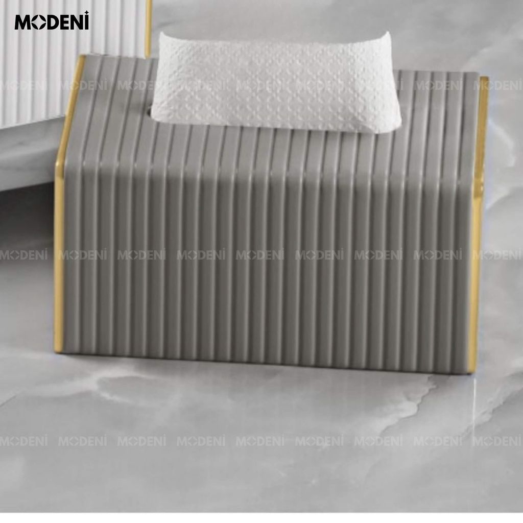 Hộp Khăn Sofie Nordic Grey – Nhựa Vân Sọc, Nắp Trượt Viền Mạ Vàng Ánh Kim