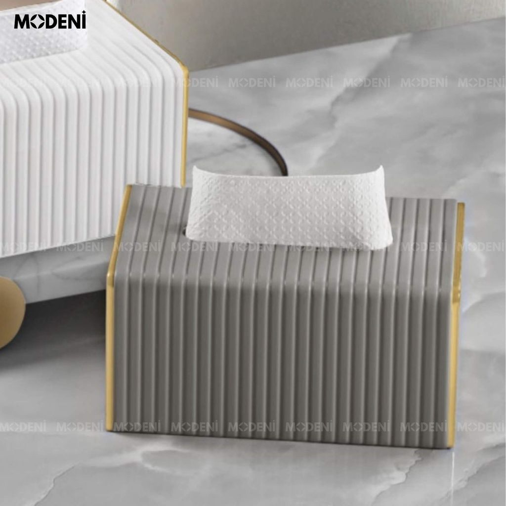 Hộp Khăn Sofie Nordic Grey – Nhựa Vân Sọc, Nắp Trượt Viền Mạ Vàng Ánh Kim