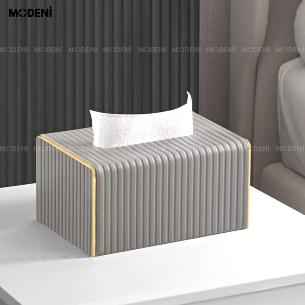 Hộp Khăn Sofie Nordic Grey – Nhựa Vân Sọc, Nắp Trượt Viền Mạ Vàng Ánh Kim