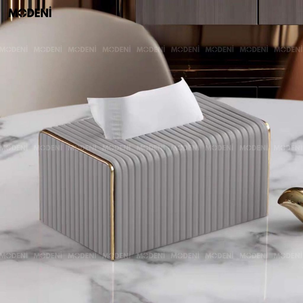 Hộp Khăn Sofie Nordic Grey – Nhựa Vân Sọc, Nắp Trượt Viền Mạ Vàng Ánh Kim