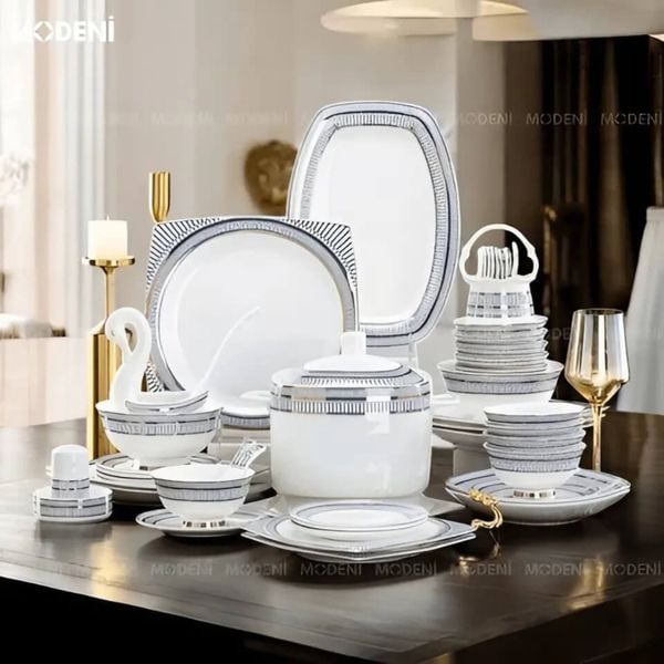  Bộ Chén Đĩa Catania Sứ Xương Cao Cấp – Họa Tiết Bạch Kim Thanh Lịch – Dành Cho Bàn Ăn Gia Đình Sang Trọng 