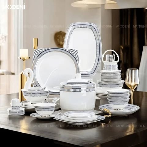 Bộ chén đĩa sứ xương Catania cao cấp họa tiết bạch kim sang trọng dành cho bàn ăn hiện đại