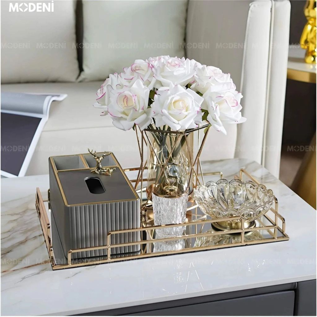 Khay Chữ Nhật Jade Cao Cấp – Khay Bàn Gương Khung Kim Loại Mạ Vàng Decor Sang Trọng – Phù Hợp Trang Trí Bàn Sofa, Bàn Trang Điểm