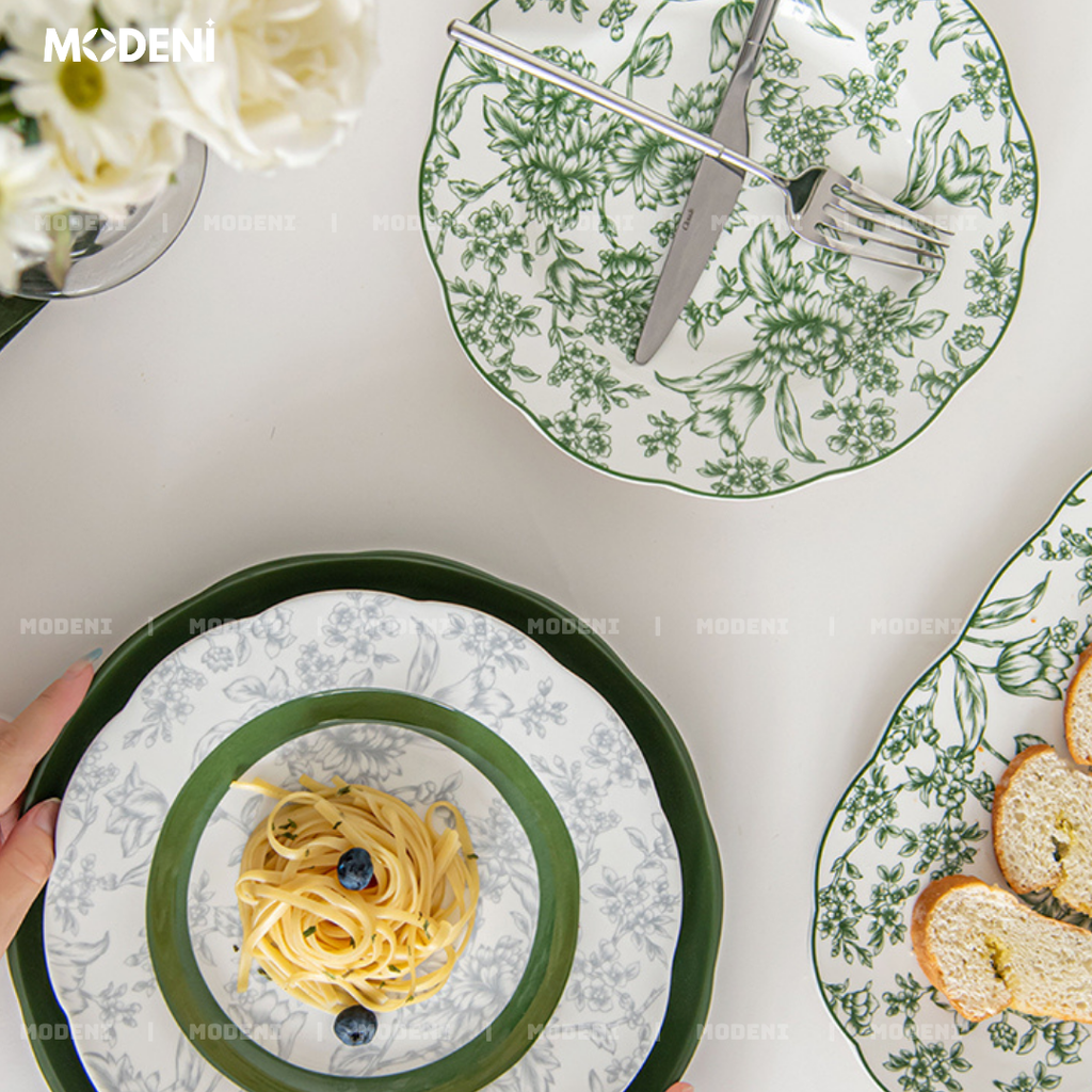 Bộ Chén Đĩa Sứ Trang Men Cao Cấp Farley – Họa Tiết Hoa Lá Trang Nhã – Dành Cho Bàn Ăn Hiện Đại, Tiếp Khách Và Quà Tặng Sang Trọng