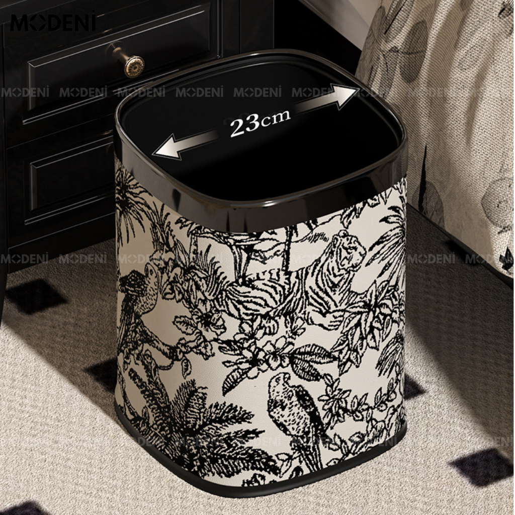 Thùng Rác Edward Đen – Thùng Rác Decor Hiện Đại – Họa Tiết Nhiệt Đới Tinh Tế – Dung Tích 12L, Phù Hợp Phòng Khách/Phòng Làm Việc