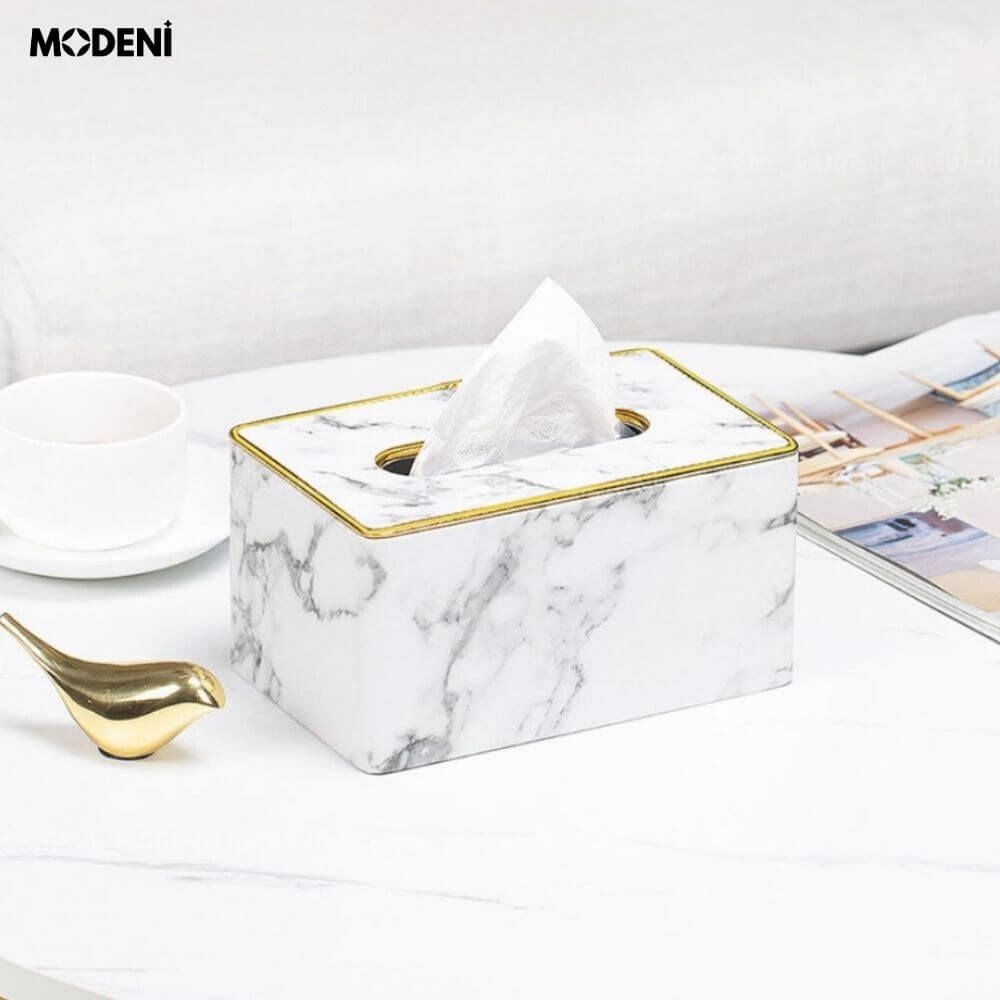 Hộp khăn giấy Sapi Trắng Vân Đá Da PU cao cấp hiện đại cho phòng khách và văn phòng Trọng