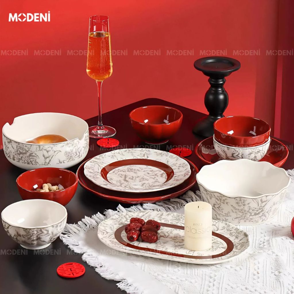 Bộ Chén Đĩa Briona Cao Cấp – Bát Đĩa Sang Trọng Phối Đỏ Rượu Vang – Phù Hợp Bàn Ăn Gia Đình Hiện Đại