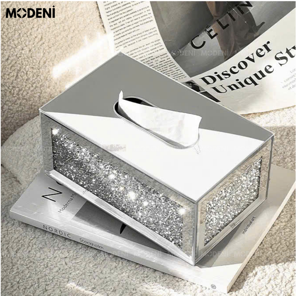 Hộp Khăn Giấy Glimma Cao Cấp – Gương Pha Lê Phối Hạt Nhũ Bạc – Thiết Kế Lấp Lánh Sang Trọng Cho Bàn Trang Điểm, Bàn Tiệc, Văn Phòng Hiện Đại