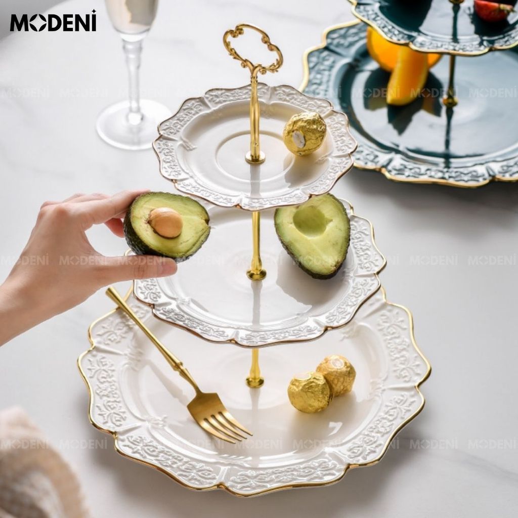 Khay 3 Tầng Alto Mạ Vàng Cao Cấp – Đĩa Sứ Trắng Viền Vàng Sang Trọng – Đựng Bánh Trái, Tráng Miệng Bàn Tiệc Hiện Đại