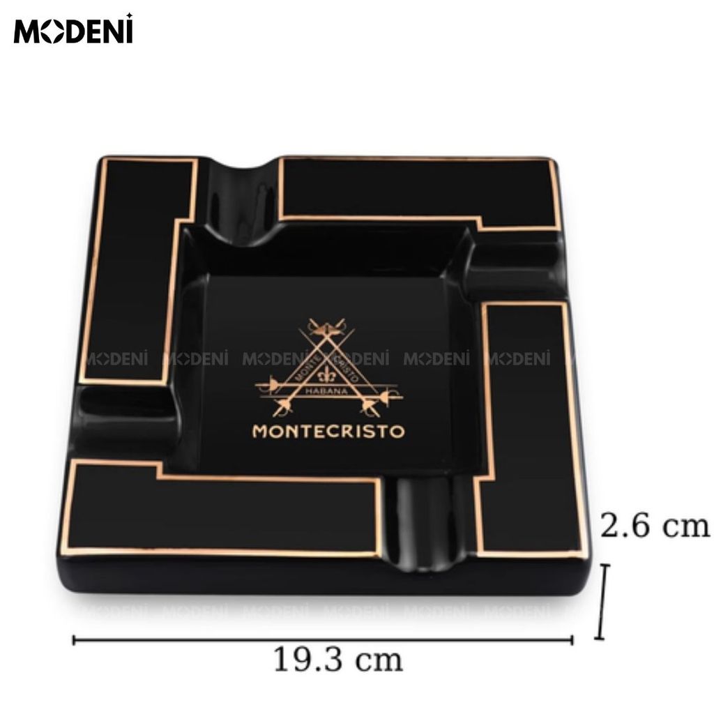 Gạt Tàn Esther – Gạt Tàn Xì Gà Sứ Cao Cấp Màu Đen Viền Vàng – Thiết Kế Vuông Sang Trọng 19.3cm Cho Phòng Khách, Quầy Bar