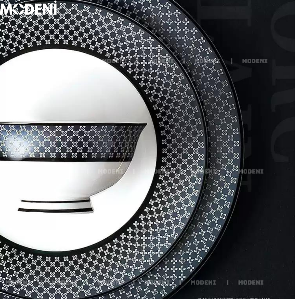 Bộ Chén Đĩa Sứ Xương Hailey Cao Cấp Viền Đen Họa Tiết Lưới Sang Trọng - Cho Bàn Ăn Hiện Đại & Tiếp Khách