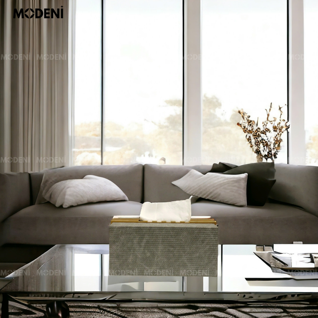 Hộp Khăn Giấy Modica Fabric Luxe – Vải Dệt Cao Cấp Tông Ghi Xám – Decor Tối Giản Có Gu