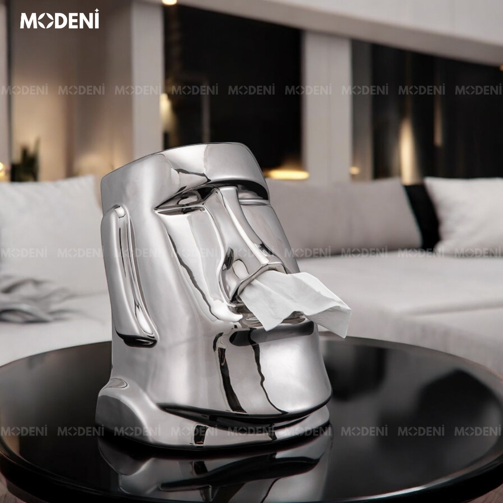 Hộp Khăn Giấy Moai Silver Cao Cấp – Thiết Kế Nghệ Thuật Độc Đáo – Decor Phòng Khách, Bàn Làm Việc, Quà Tặng Lạ Mắt