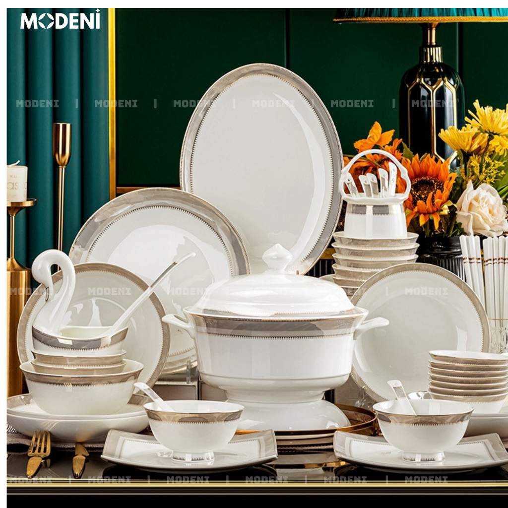 Bộ chén đĩa Sharon cao cấp – sứ trắng viền bạch kim – Dùng cho lò vi sóng, máy rửa chén – Phù hợp decor bàn ăn hiện đại, biệt thự sang trọng