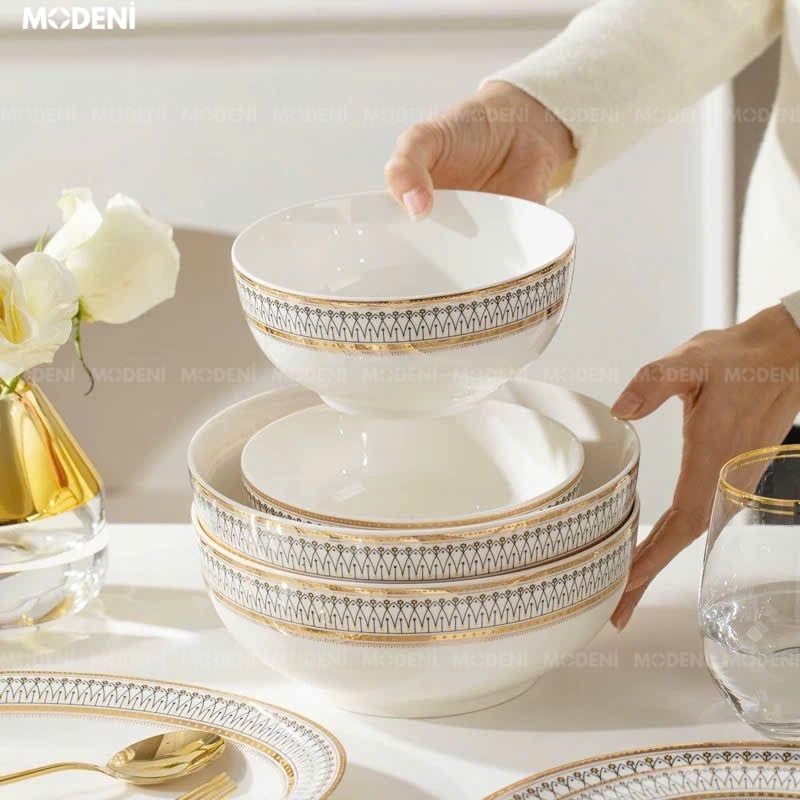 Bộ chén đĩa Aura sứ cao cấp 21 món – họa tiết viền vàng đen tinh xảo – dùng được lò vi sóng, bàn ăn hiện đại