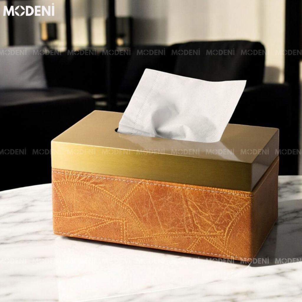 Hộp khăn giấy Tangeri da nhân tạo vân nổi cao cấp phối kim loại champagne gold sang trọng hiện đại cho phòng ngủ và bàn ăn